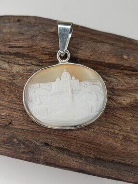 Cameo St. Peter Square  Cream and White Carved Shell Pendant